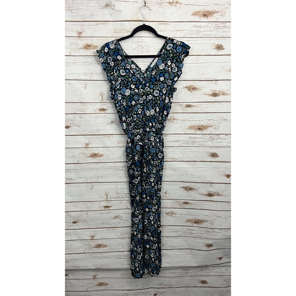 Loft Black Dark Moody Floral Cap Ruffle Sleeve Jumpsuit